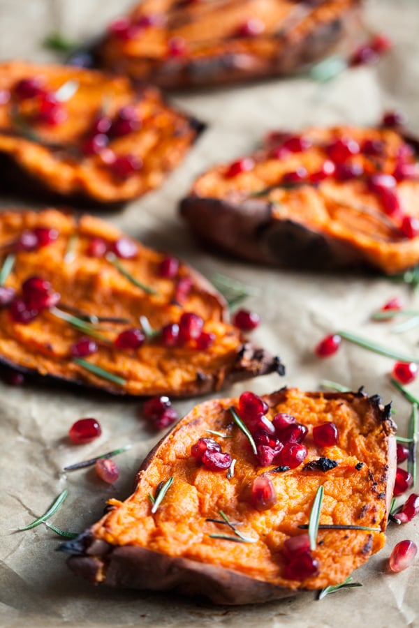 Twice baked, stuffed sweet potatoes with creamy macadamia ricotta: a decadent and festive #vegan side dish! | The Full Helping