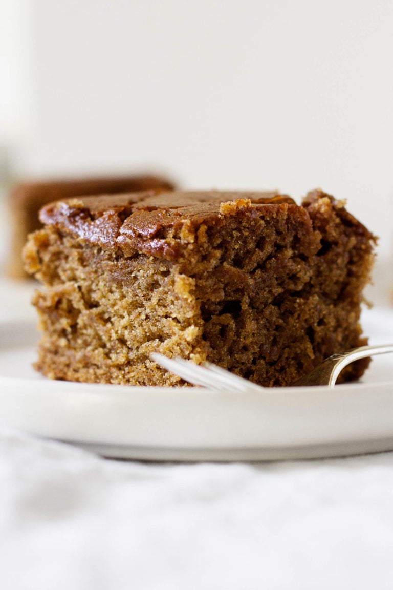 A zoomed in photograph of a vegan holiday cake, accompanied by a small serving fork.