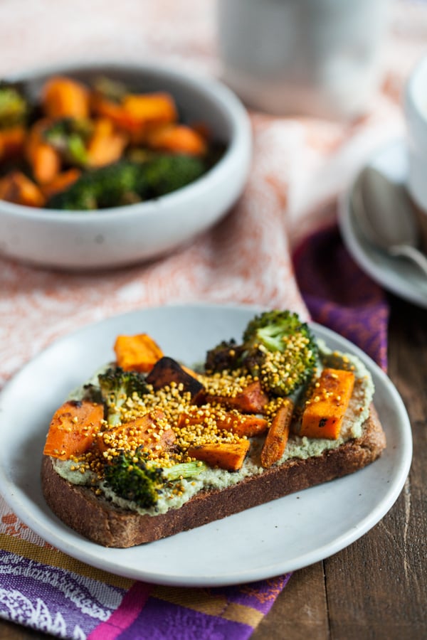 Vegan toast with roasted veggies, creamy pumpkinseed "tahini," and turmeric popped amaranth | The Full Helping