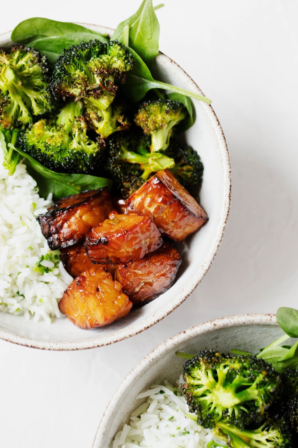 Two round serving bowls are positioned on a white surface. Each has been filled with lemon pepper baked tempeh cubes, roasted broccoli, and cooked rice.