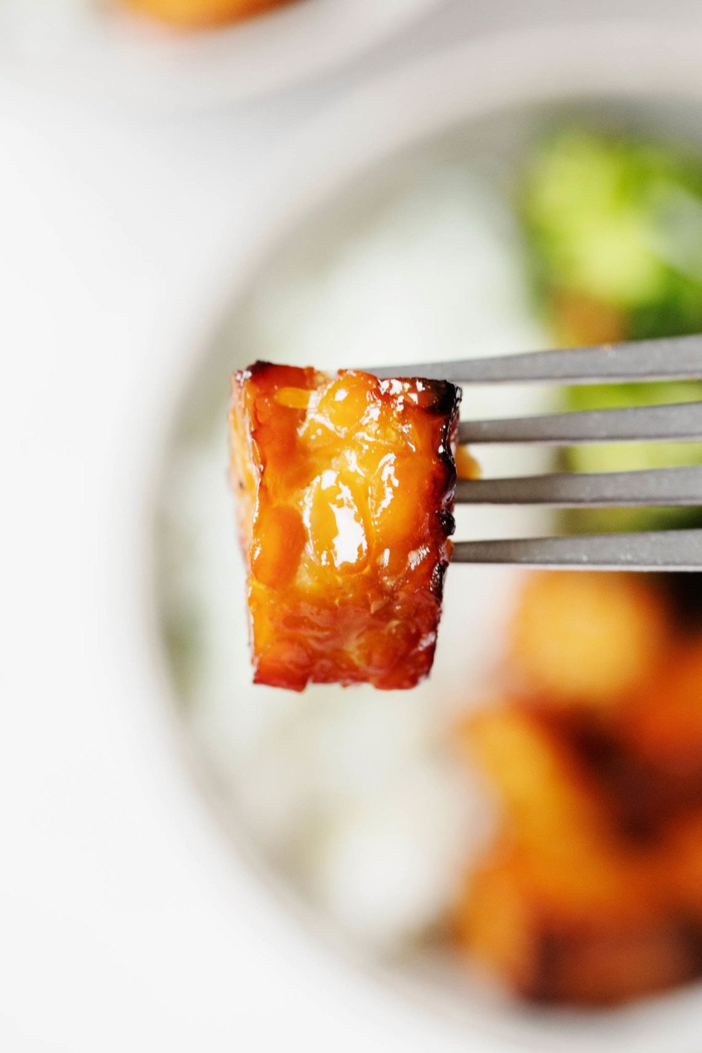 A single cube of lemon pepper baked tempeh is pierced with a serving fork.