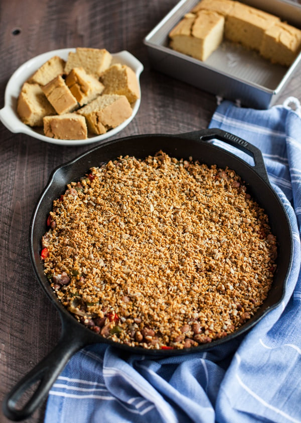 Pinto Bean Skillet Bake with Spicy Sunflower Oat Topping