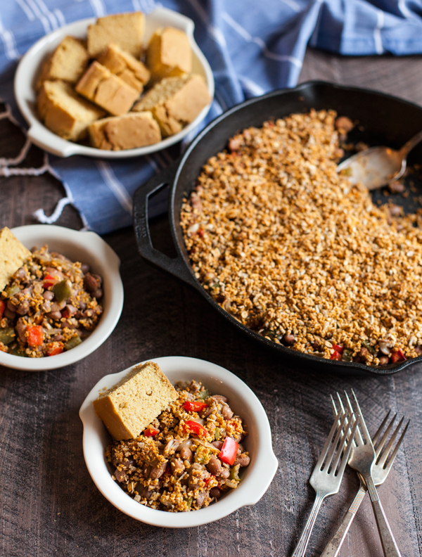 Pinto Bean Skillet Bake with Spicy Sunflower Oat Topping