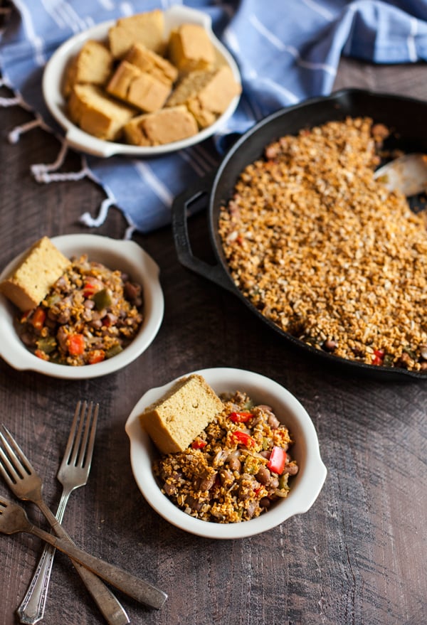 Pinto Bean Skillet Bake with Spicy Sunflower Oat Topping