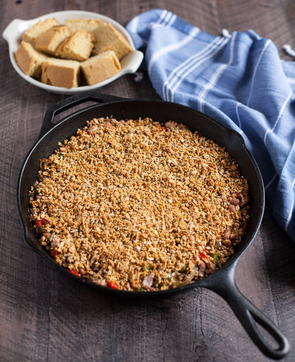 Pinto Bean Skillet Bake with Spicy Sunflower Oat Topping