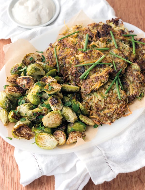 Brussels Sprout Latkes with Tofu Sour Cream. Credit Jackie Sobon