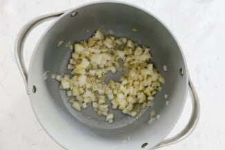 A gray pot is being used to sauté chopped onions and garlic.