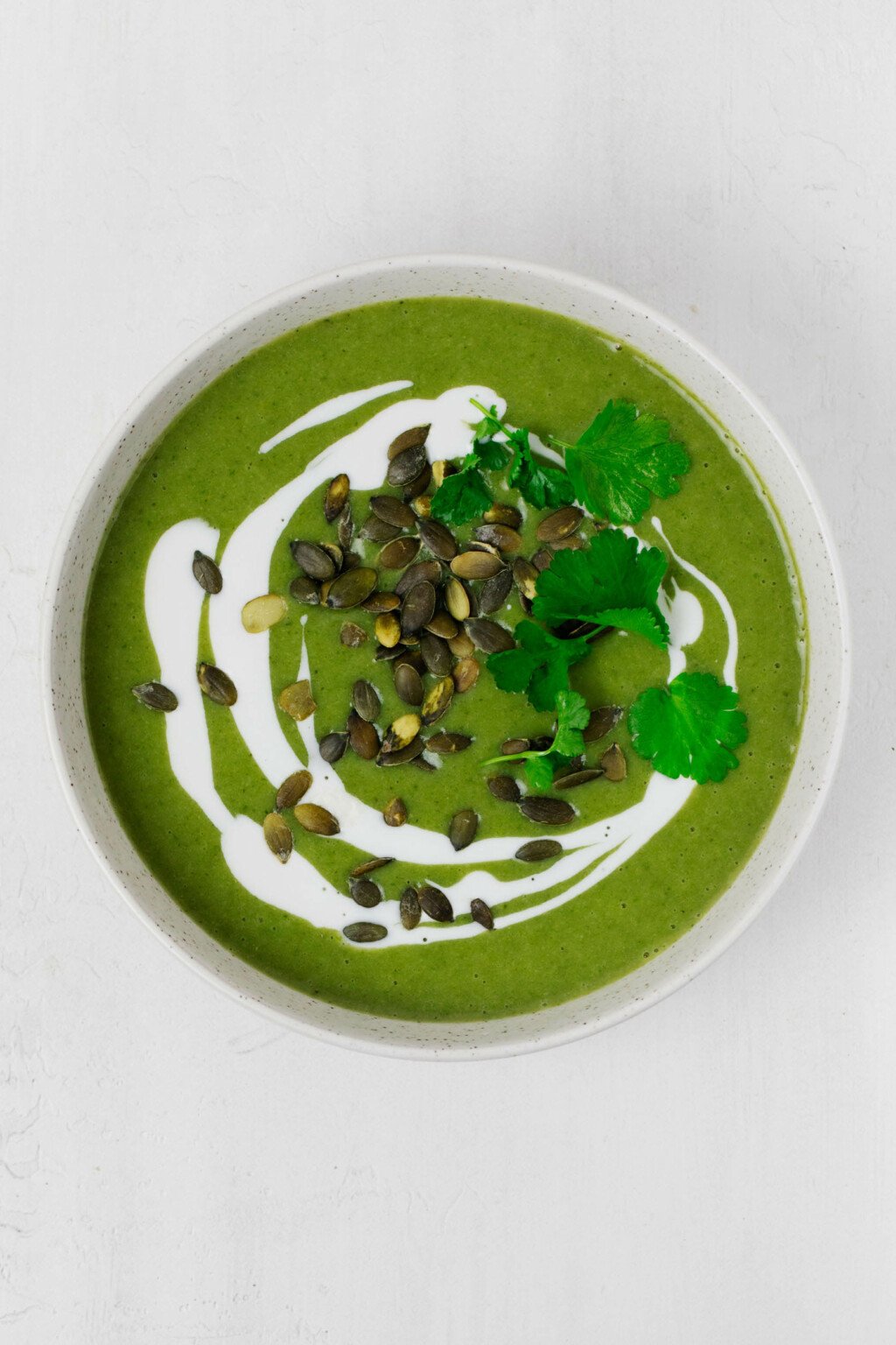 A bowl of vegan green soup has been garnished and plated in a white bowl. The bowl rests on a white surface.