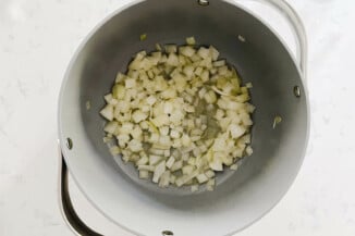 A gray pot is being used to sauté chopped onions and garlic.