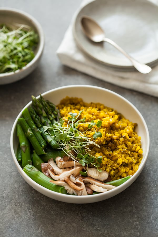 Mung Bean & Quinoa Bowls with Spicy Ginger Turmeric Broth | The Full Helping