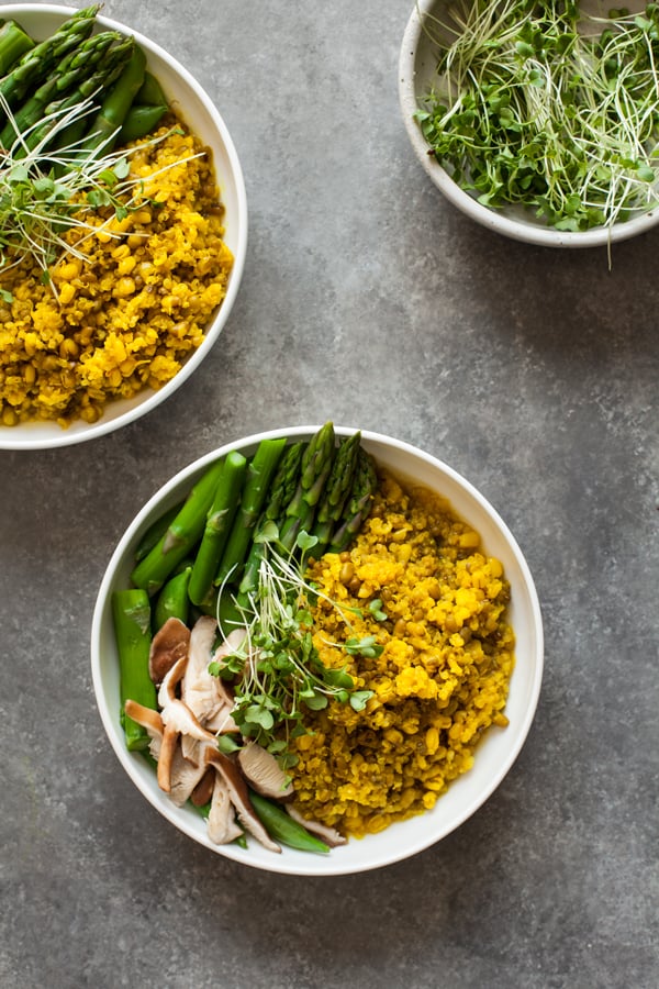 Mung Bean & Quinoa Bowls with Spicy Ginger Turmeric Broth | The Full Helping