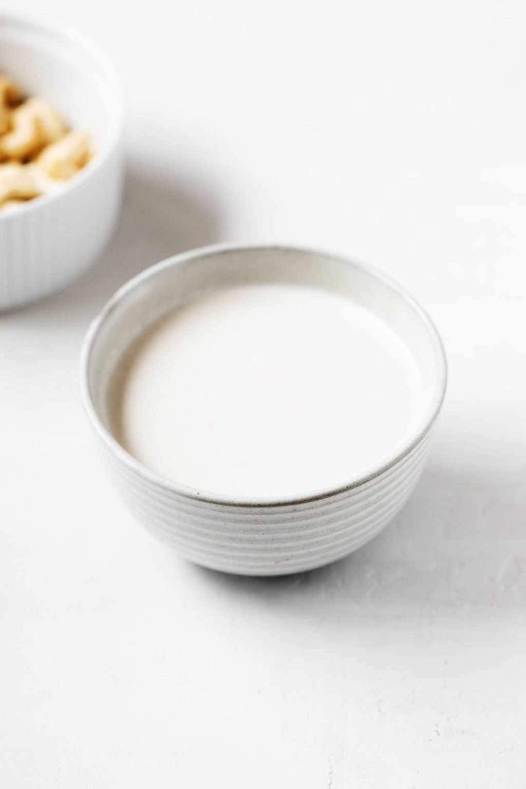 A round bowl has been filled with a creamy, white cashew cream. Raw cashews are placed in a ramekin nearby.