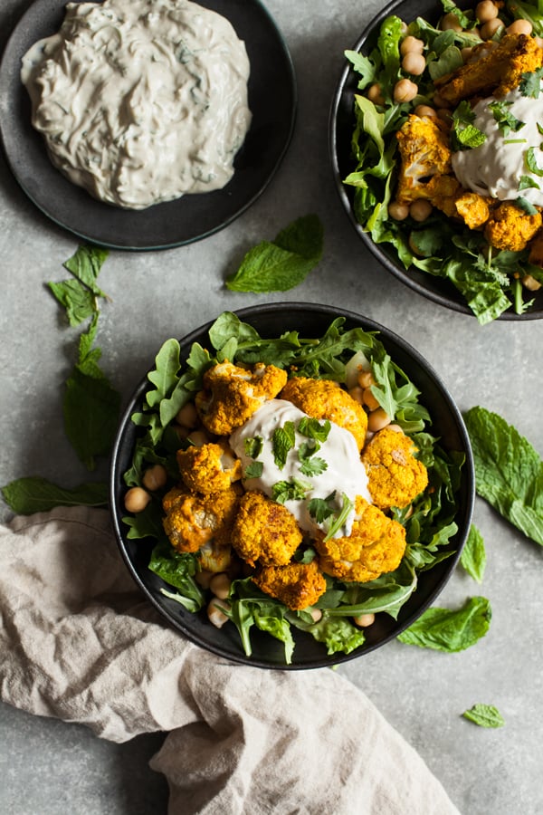 Tandoori Cauliflower Chickpea Bowls with Creamy Cashew Raita | The Full Helping