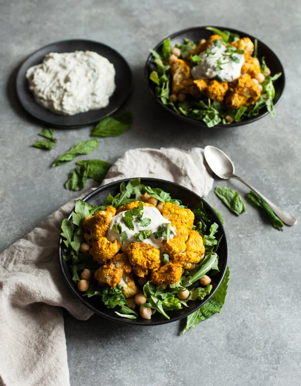 Tandoori Cauliflower Chickpea Bowls with Creamy Cashew Raita | The Full Helping