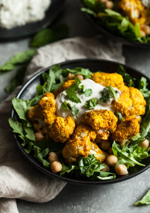 Tandoori Cauliflower Chickpea Bowls with Creamy Cashew Raita | The Full Helping