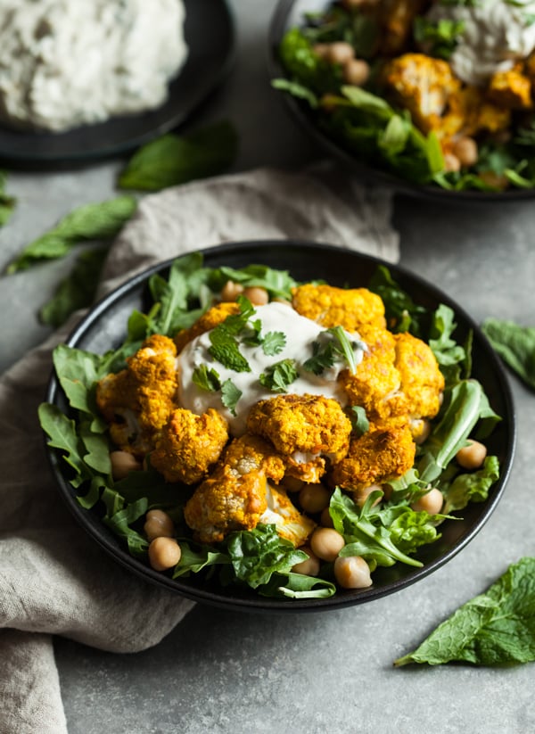 Tandoori Cauliflower Chickpea Bowls with Creamy Cashew Raita | The Full Helping