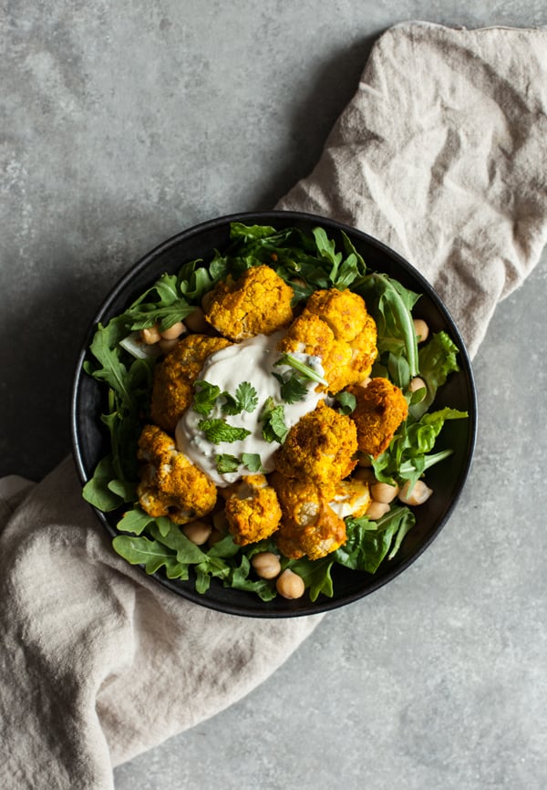 Tandoori Cauliflower Chickpea Bowls with Creamy Cashew Raita | The Full Helping