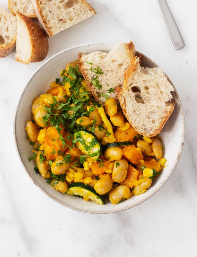 An overhead shot of vegan lima bean butternut succotash.