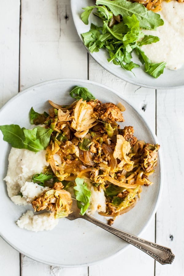 Homestyle Vegan Grits with Tempeh Sausage & Brussels Sprouts