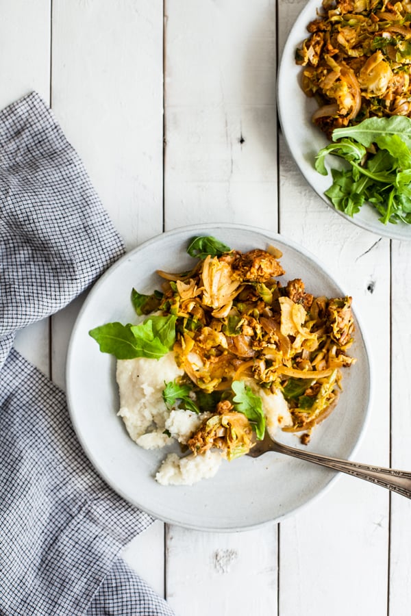 Homestyle vegan grits with tempeh sausage & brussels sprouts | The Full Helping