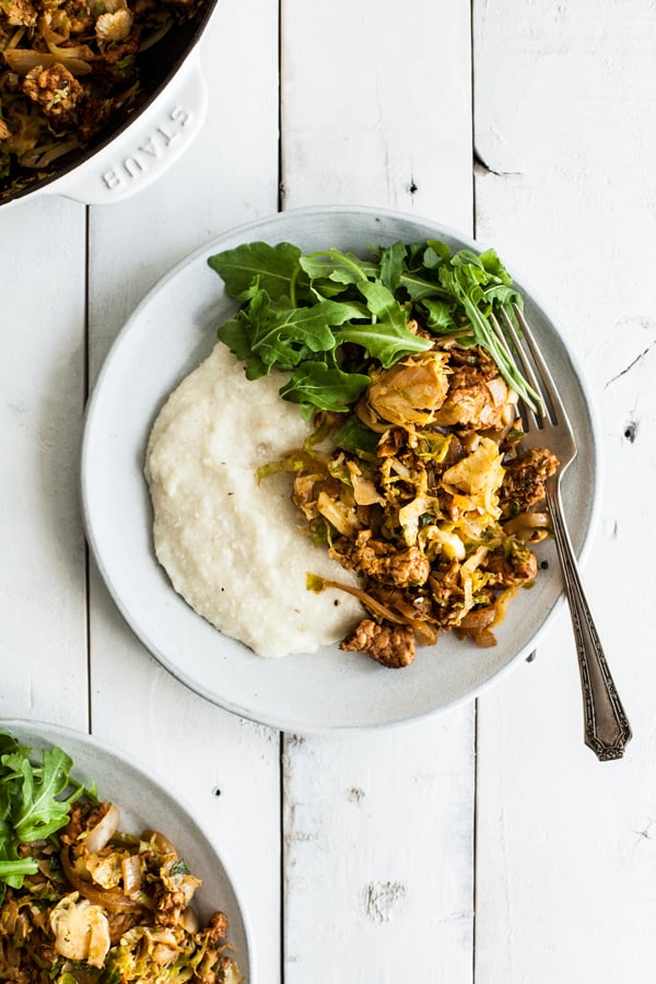 Homestyle vegan grits with tempeh sausage & brussels sprouts | The Full Helping