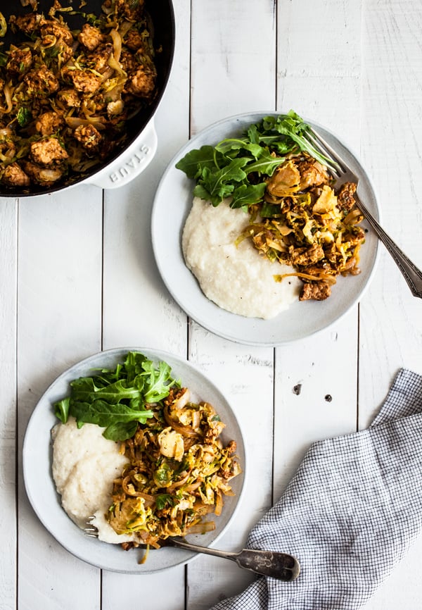 Homestyle vegan grits with tempeh sausage & brussels sprouts | The Full Helping