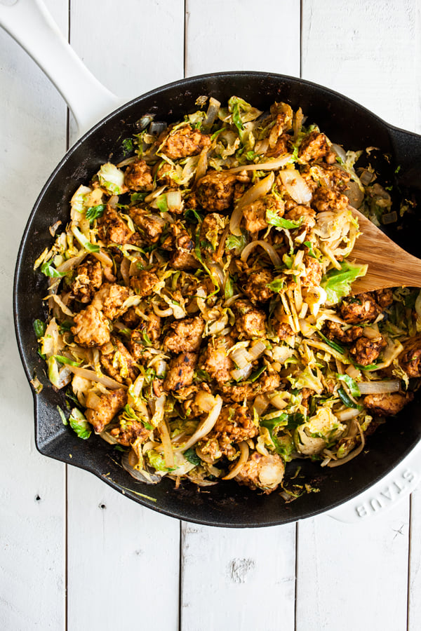 Homestyle vegan grits with tempeh sausage & brussels sprouts | The Full Helping