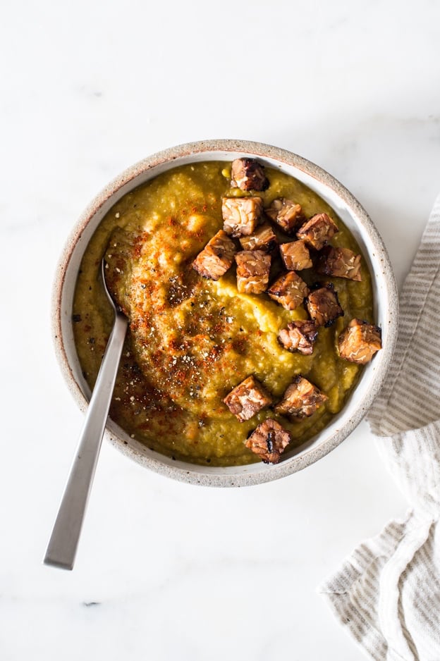 Vegan Split Pea Soup with Smoky Tempeh Croutons | The Full Helping