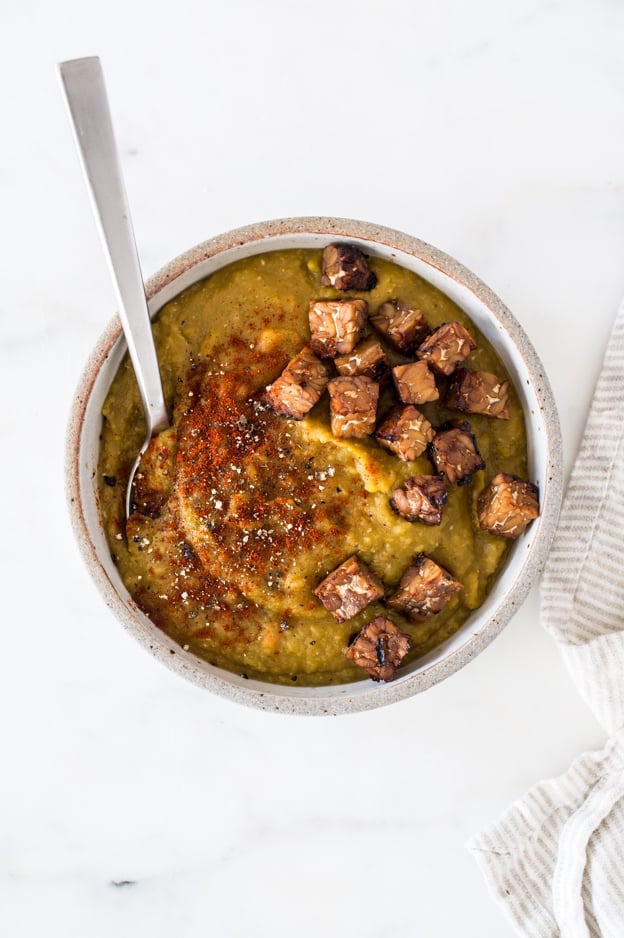 Vegan Split Pea Soup with Smoky Tempeh Croutons | The Full Helping