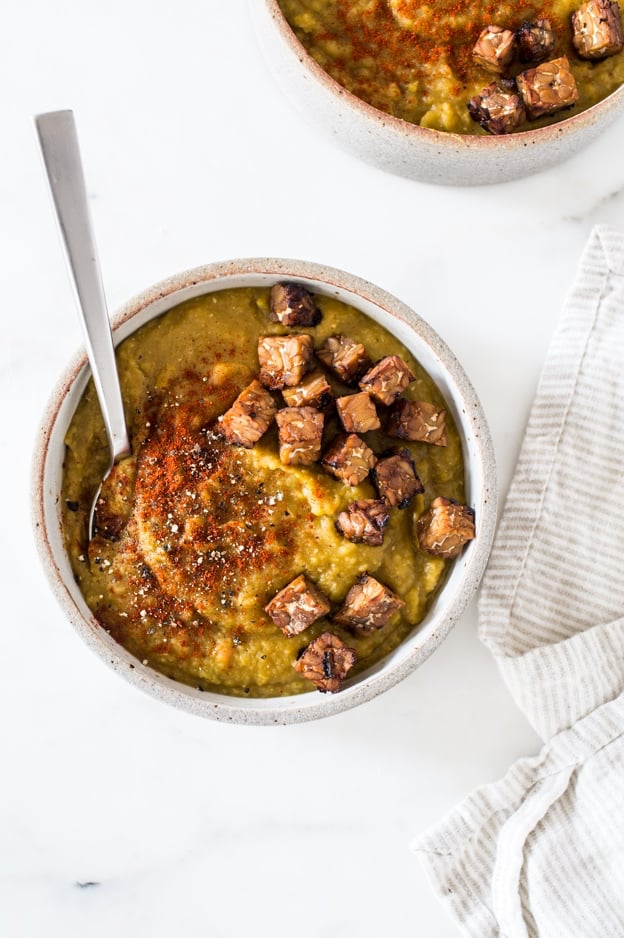 Vegan Split Pea Soup with Smoky Tempeh Croutons | The Full Helping