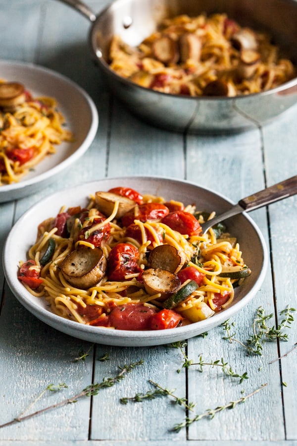 Summer Pasta with Mushroom Scallops, Burst Cherry Tomatoes & Zucchini | The Full Helping