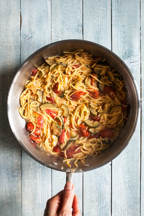 Summer Pasta with Mushroom Scallops, Burst Cherry Tomatoes & Zucchini | The Full Helping