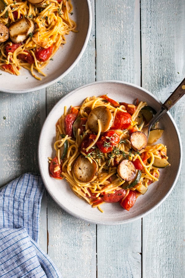 Summer Pasta with Mushroom Scallops, Burst Cherry Tomatoes & Zucchini | The Full Helping