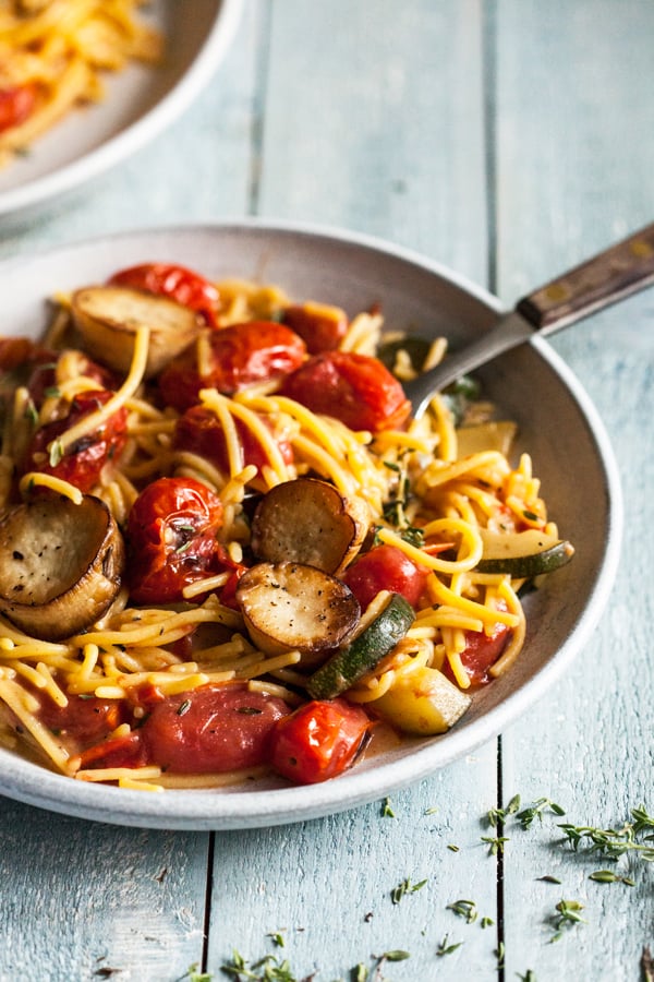 Summer Pasta with Mushroom Scallops, Burst Cherry Tomatoes & Zucchini | The Full Helping