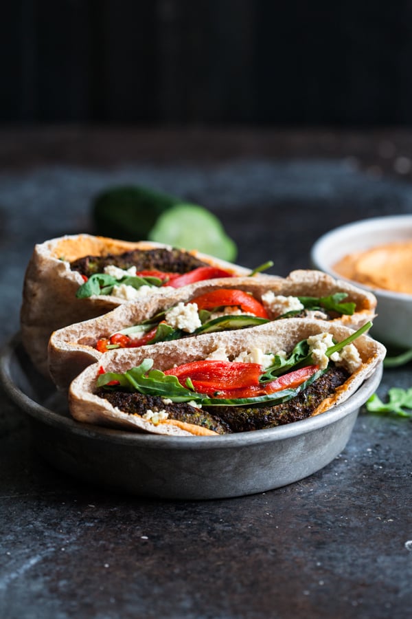 Mediterranean Pita Pockets with Kale Burgers & Roasted Red Pepper Hummus | The Full Helping