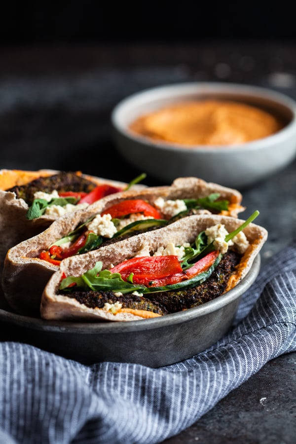 Mediterranean Pita Pockets with Kale Burgers & Roasted Red Pepper Hummus | The Full Helping