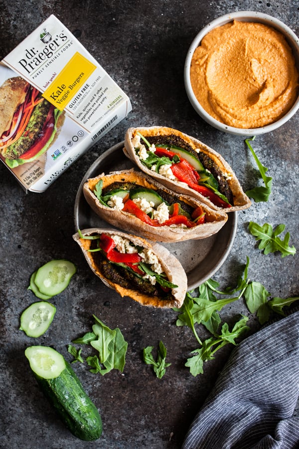 Mediterranean Pita Pockets with Kale Burgers & Roasted Red Pepper Hummus | The Full Helping