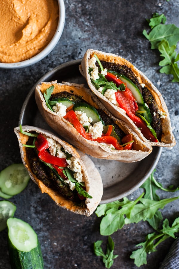 Mediterranean Pita Pockets with Kale Burgers & Roasted Red Pepper Hummus | The Full Helping