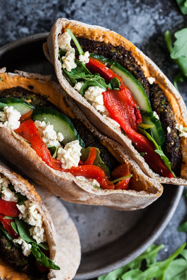 Mediterranean Pita Pockets with Kale Burgers & Roasted Red Pepper Hummus | The Full Helping