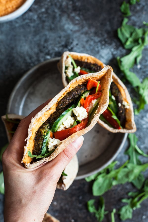 Mediterranean Pita Pockets with Kale Burgers & Roasted Red Pepper Hummus | The Full Helping