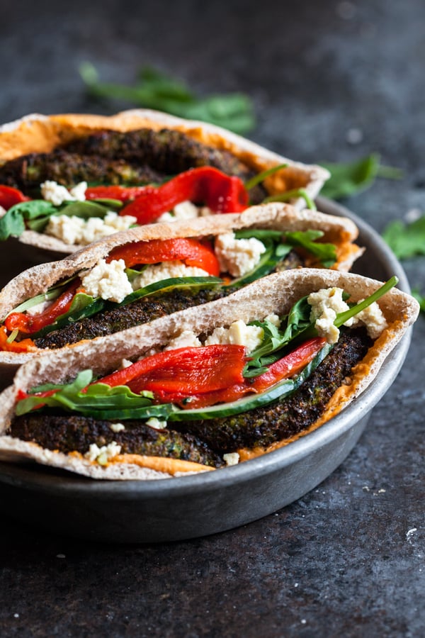 Mediterranean Pita Pockets with Kale Burgers & Roasted Red Pepper Hummus | The Full Helping