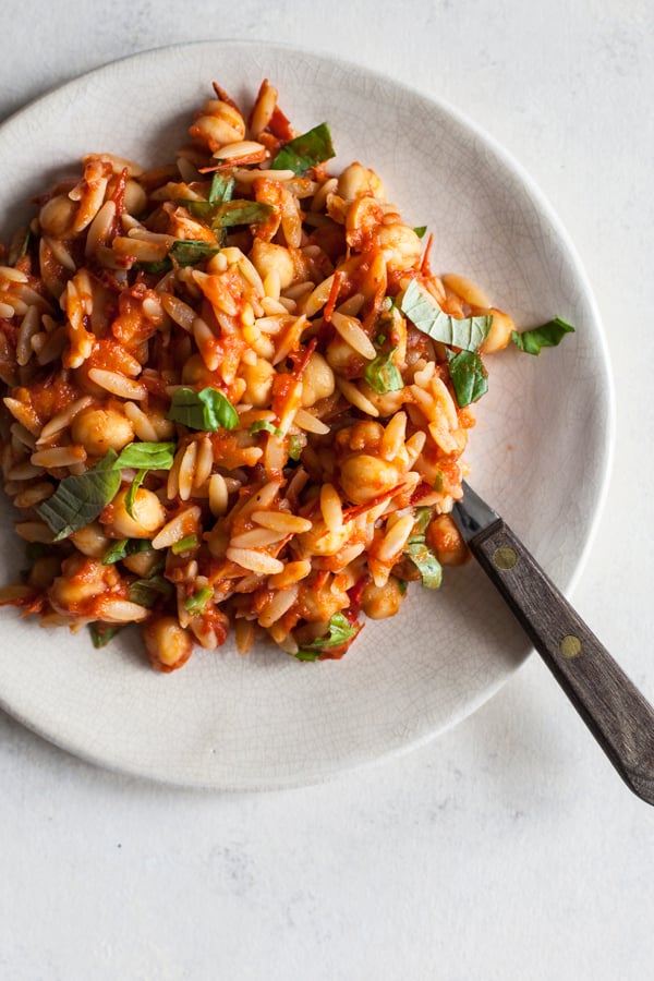 Chickpea Orzo with Homemade Roasted Tomato Sauce | The Full Helping