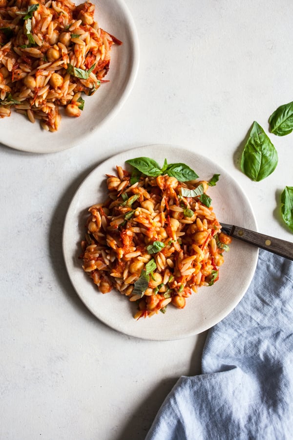 Chickpea Orzo with Homemade Roasted Tomato Sauce | The Full Helping