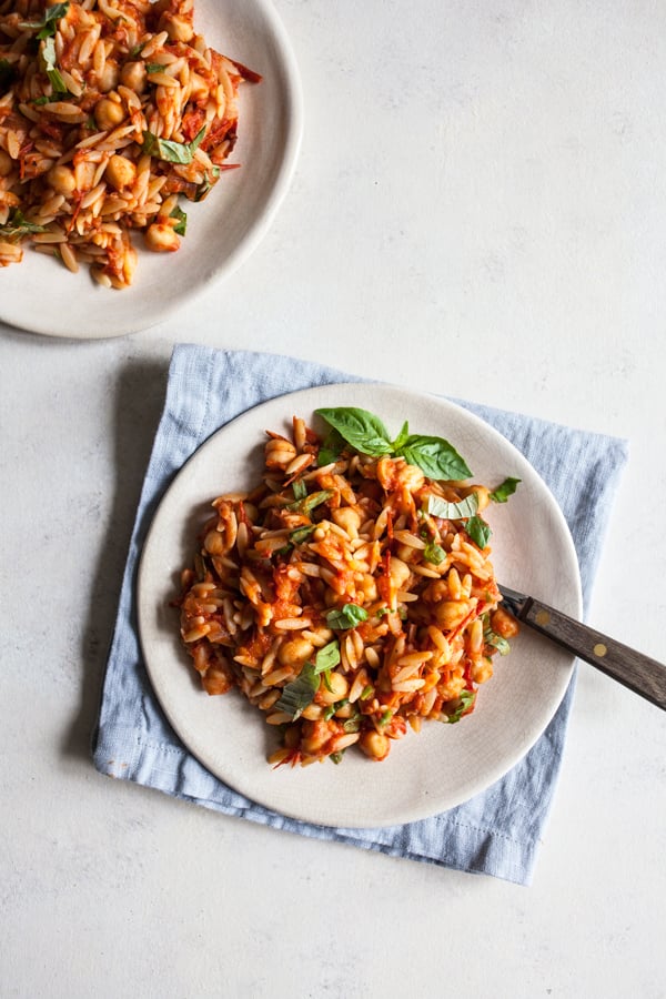 Chickpea Orzo with Homemade Roasted Tomato Sauce | The Full Helping