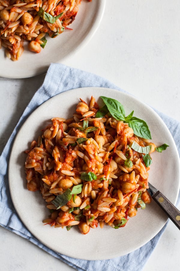 Chickpea Orzo with Homemade Roasted Tomato Sauce | The Full Helping