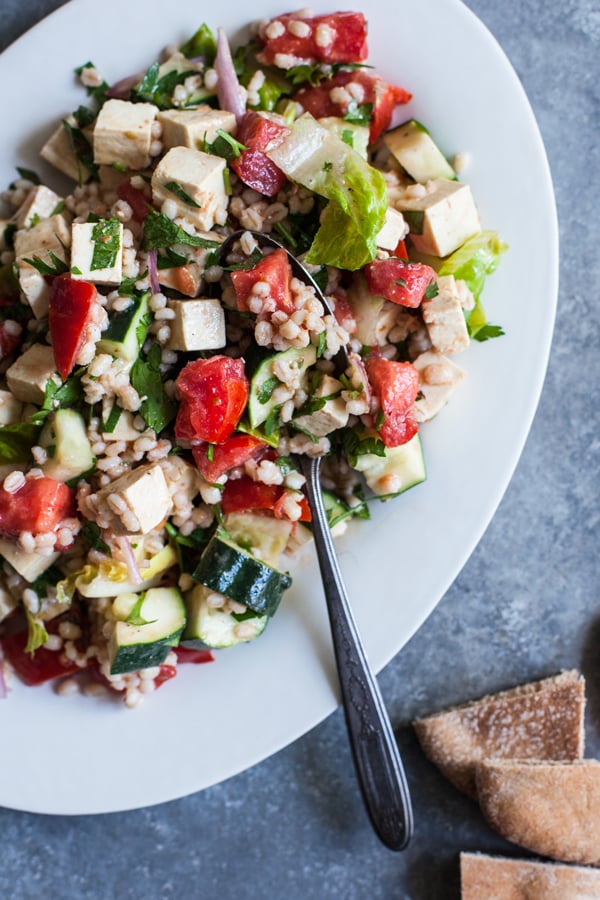 Vegan Barley Greek Salad with Herbed Tofu Feta | The Full Helping