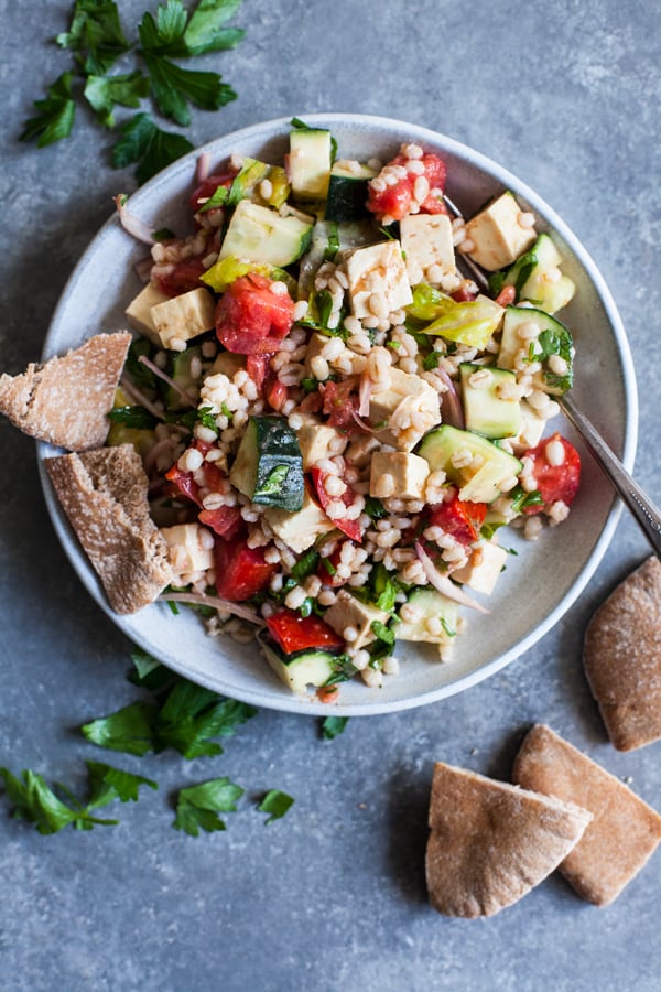 vegan barley greek salad with herbed tofu feta