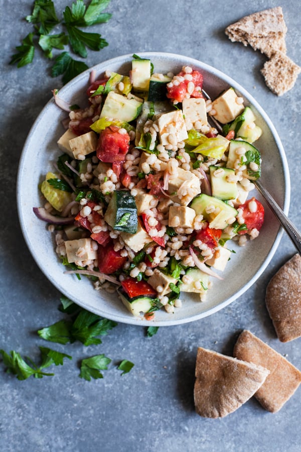 Vegan Barley Greek Salad with Herbed Tofu Feta | The Full Helping