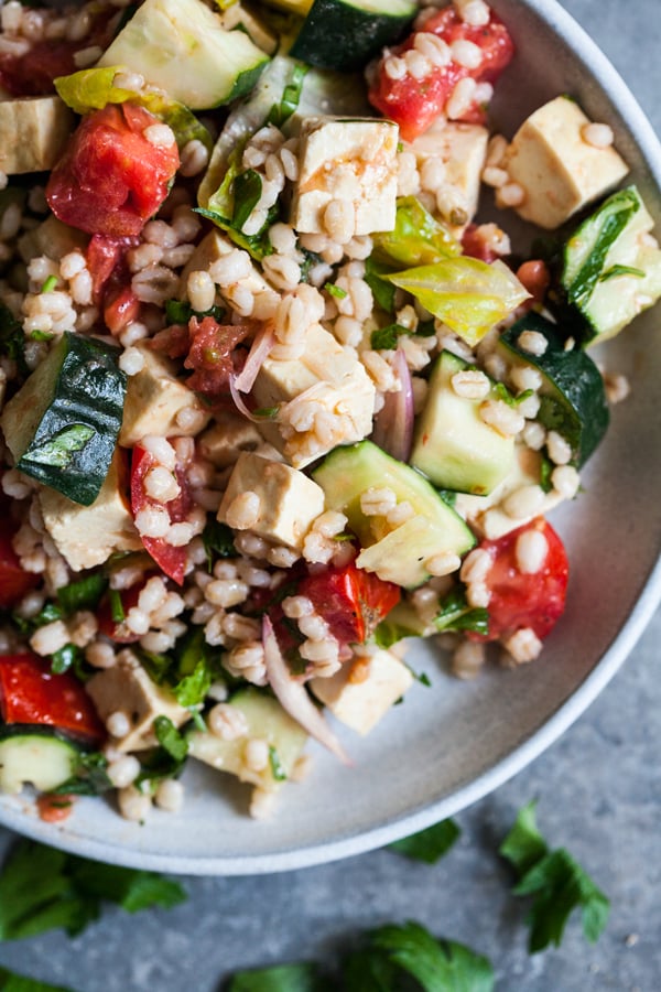 Vegan Barley Greek Salad with Herbed Tofu Feta | The Full Helping
