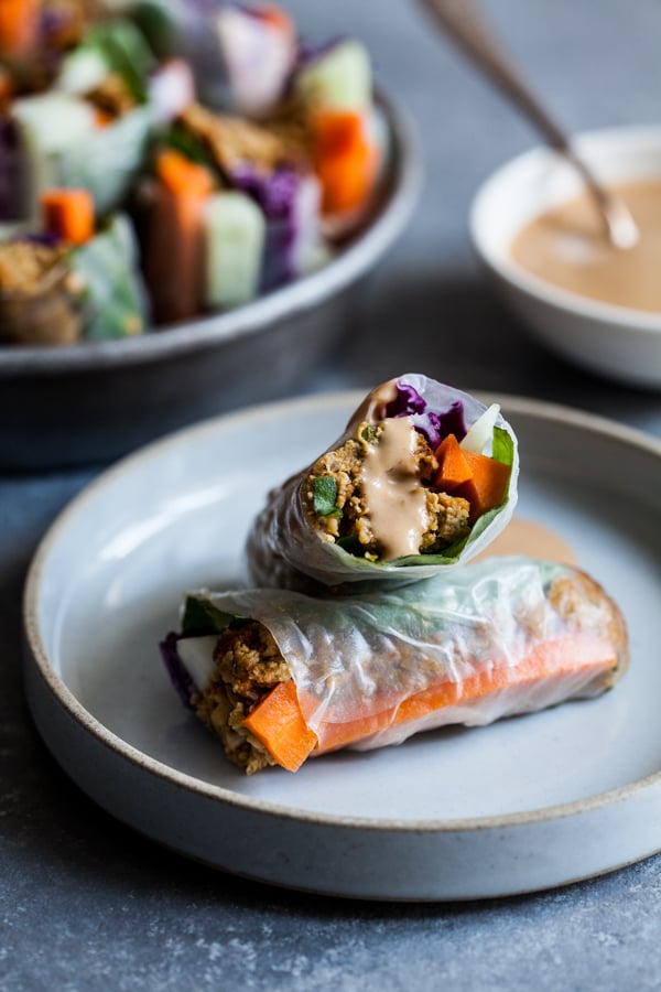 Asian Burger Summer Rolls with Spicy Hoisin Peanut Dipping Sauce | The Full Helping